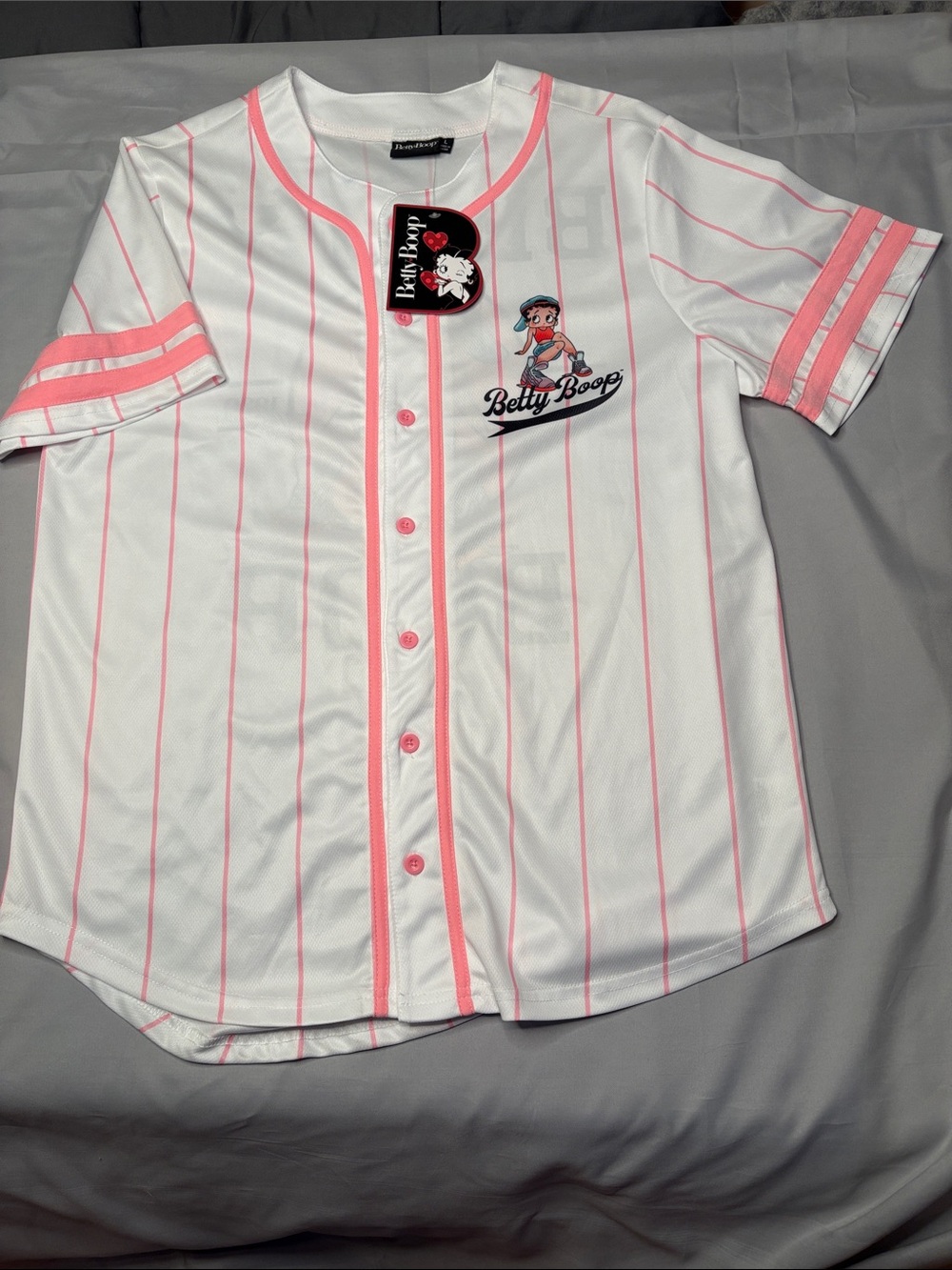 Betty Boop White & Pink Striped Button-Front Baseball Jersey Size Large L NWT